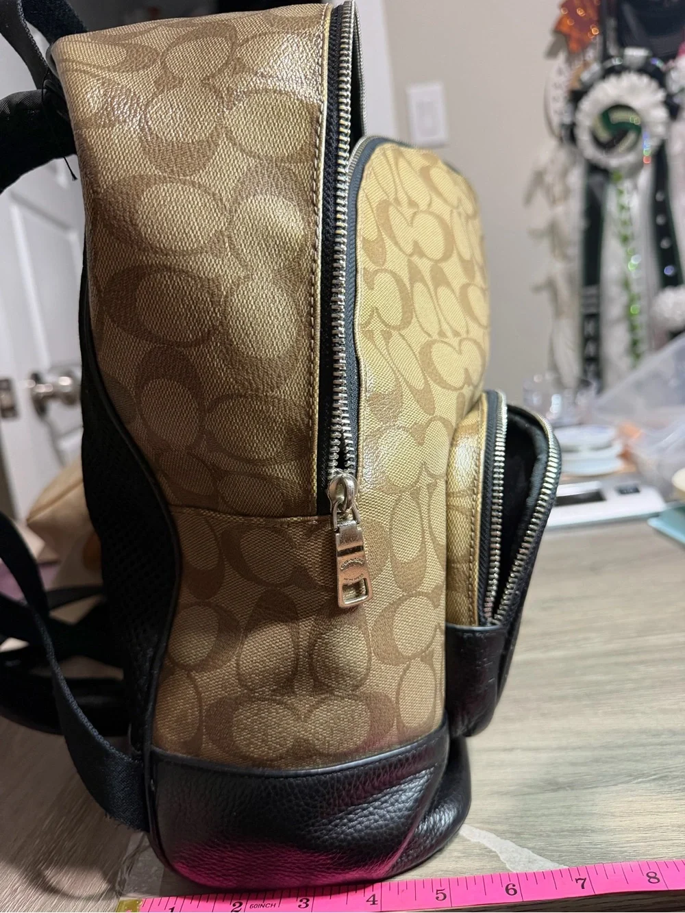 Coach Tan Signature Canvas Backpack with Black Leather and includes wallet